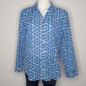 Chico's Blue White Geometric Long Sleeve Button Up Blouse L